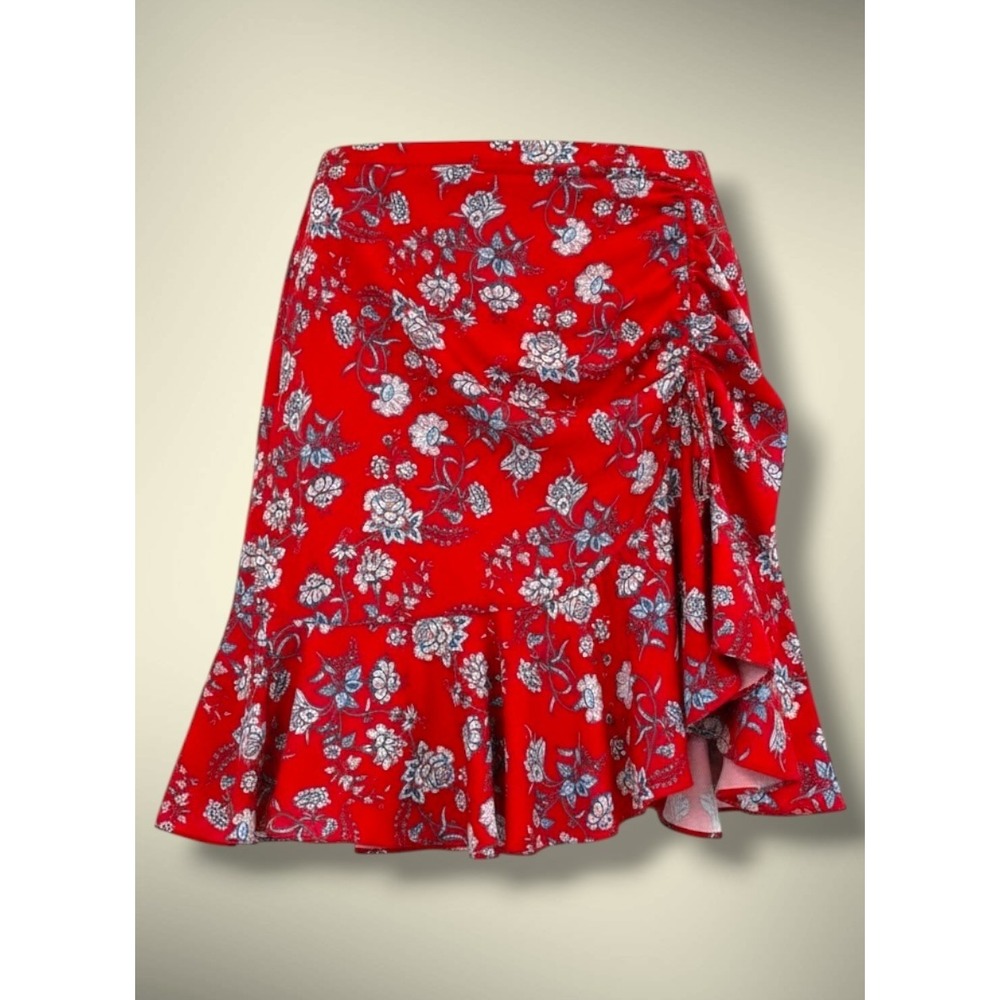 Max Studio Red Floral Ruffle Mini Skirt Ruched Asymmetrical Hem XL